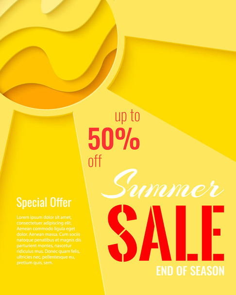 Summer Sale template banner. Paper cut sun vector background. Sunny paper craft poster. - Vector, Image