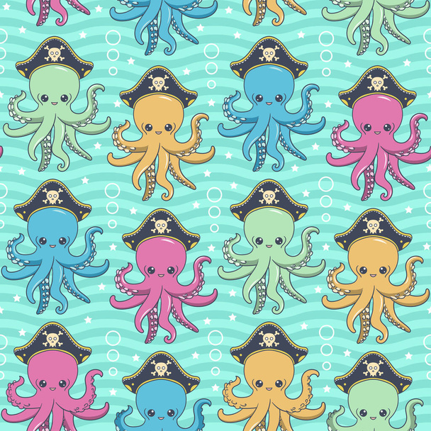 Бесшовный рисунок с осьминогами-пиратами на фоне волн. Для дизайна детской ткани, обоев, фонов, скрапбукинга, обоев, оберточной бумаги и так далее. Вектор - Вектор,изображение