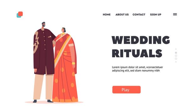 結婚式の儀式ランディングページテンプレート.インドのカップル結婚式、幸せな笑顔の部屋と花嫁のキャラクター - ベクター画像