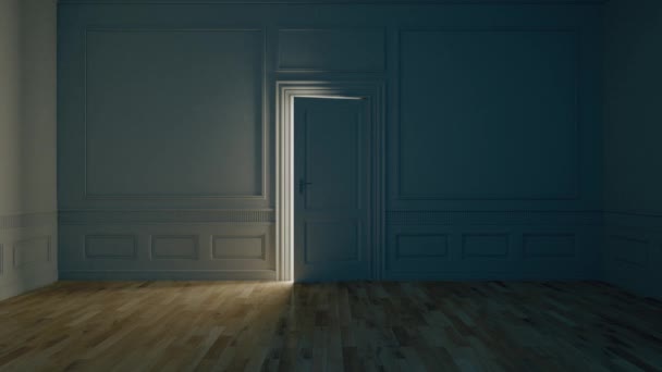Дверь, открывающаяся в темной комнате, светится ярким светом. Концепция правильного выбора. Рендеринг в формате 4K 3d - Кадры, видео