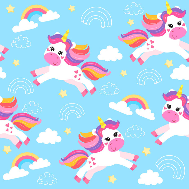 colorful seamless patterns with unicorns in cartoon style for kids. vector illustration - Vektör, Görsel