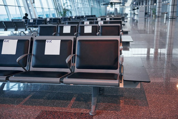 Interior of modern airport at daytime with no people inside it. - 写真・画像