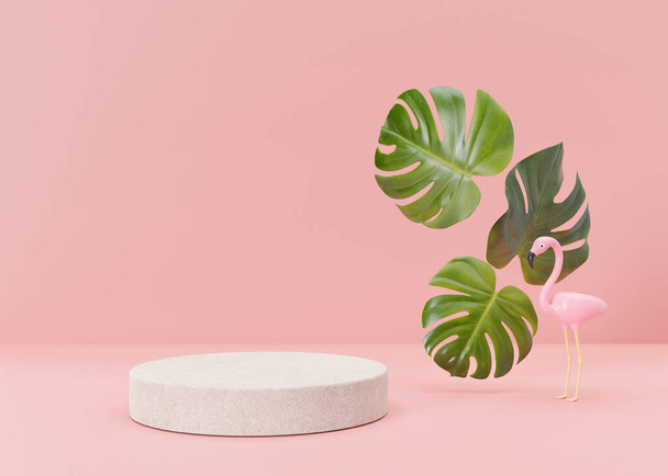 Podium mock up for product, cosmetic presentation. Summer, vacation mood. Monstera leaves and flamingo on pink background. Pedestal, platform, stage. Empty scene with copy space. 3D rendering. - 写真・画像
