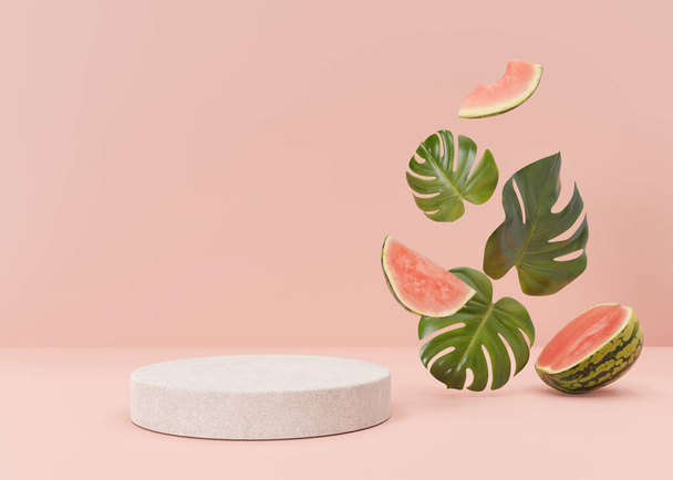 Podium mock up for product, cosmetic presentation. Summer, vacation mood. Monstera leaves and watermelon on pink background. Pedestal, platform, stage. Empty scene with copy space. 3D rendering. - Valokuva, kuva