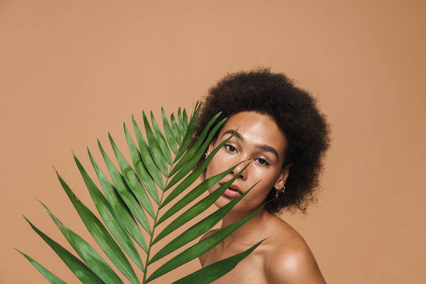 Black shirtless woman looking at camera while posing with green leaf isolated over beige background - Φωτογραφία, εικόνα