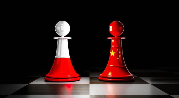 Poland and China relations, chess pawns with national flags - 3D illustration - Photo, Image