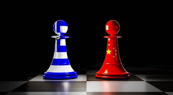 Greece and China relations, chess pawns with national flags - 3D illustration - Photo, Image