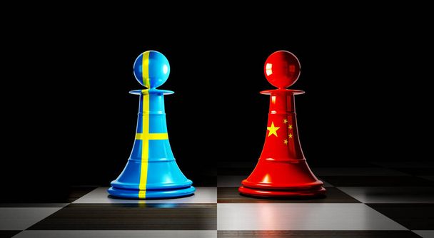 Suecia y China relaciones, peones de ajedrez con banderas nacionales - Ilustración 3D - Foto, Imagen
