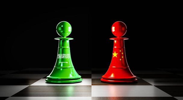 Saudi Arabia and China relations, chess pawns with national flags - 3D illustration - Photo, Image
