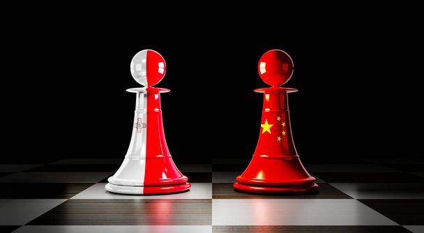 Malta and China relations, chess pawns with national flags - 3D illustration - Photo, Image