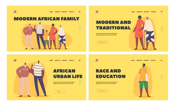 Modern African Family Landing Page Template Set. Characters Parents, Grandparents and Children Stand Together - Vector, Imagen