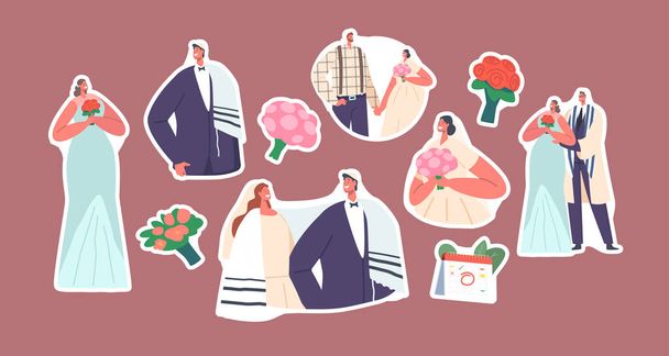 Set of Stickers Jewish Couples Wedding Ceremony, Jew Groom and Bride Characters Wear Festive Clothes, Modern Newlyweds - Vector, Image