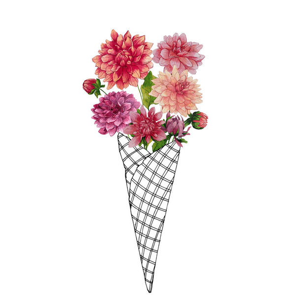 Hand-drawn bright illustration of bouquet of dahlia flowers in ice cream cone. Perfect for design of flower shop, card, romantic place. Mixed technique: watercolor and ink. - Foto, Bild