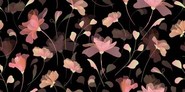 Διάνυσμα χωρίς ραφή μοτίβο με λουλούδια και φύλλα σε μαύρο φόντο. Χειροποίητη εικόνα ιδανική για ύφασμα, ύφασμα, χαρτί περιτυλίγματος, διακόσμηση ανθοπωλείου, κάρτα. - Διάνυσμα, εικόνα