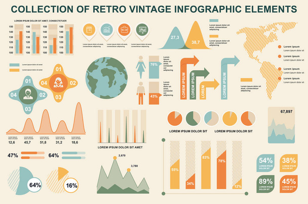 Bundle vintage infographic elements data visualization vector design template. Can be used for steps, business processes, workflow, diagram, flowchart, timeline, marketing icons, retro infographics. - Вектор, зображення