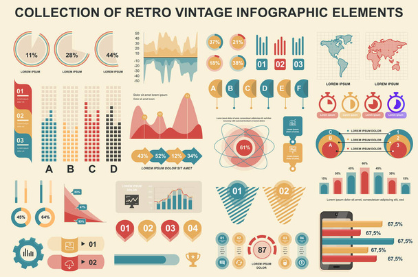 Bundle vintage infographic elements data visualization vector design template. Can be used for steps, business processes, workflow, diagram, flowchart, timeline, marketing icons, retro infographics. - Wektor, obraz