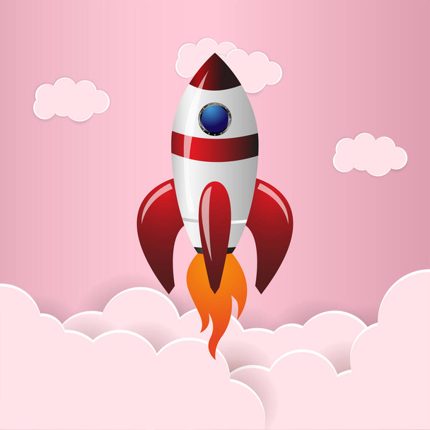 A rocket or a spaceship is flying up on a cloudy pink background. The concept of a space mission or exploration, interstellar travel or travel, launching a startup project, a new beginning or start. - Vettoriali, immagini