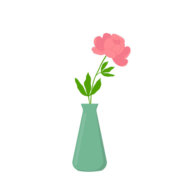 Green vase with peony flower. Design element for greeting card, invitation, stickers, postcard, poster, print. Isolated vector illustration  - Vektori, kuva