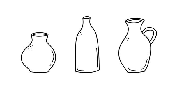 手描きのラインアートの花瓶のセット。粘土の陶器のコレクションをかわす。分離ベクトル図  - ベクター画像