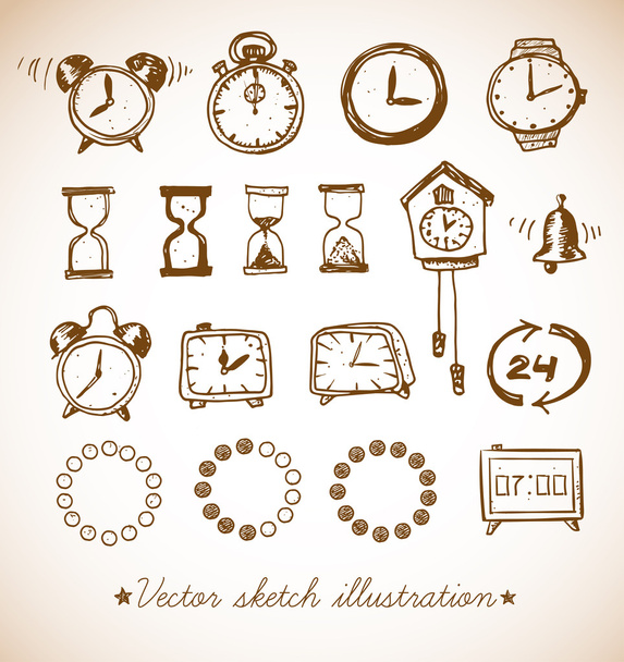 Schets horloges op blackboard - Vector, afbeelding
