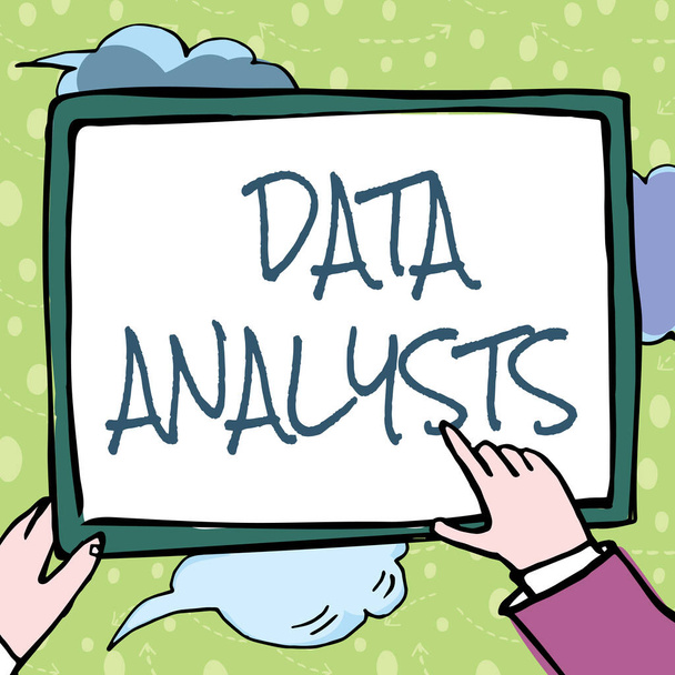 Text sign showing Data Analysts. Word Written on Programmer Design and Create Report Identifies patterns Hands Holding Paper Showing New Ideas Surrounded With Stars. - Foto, Bild