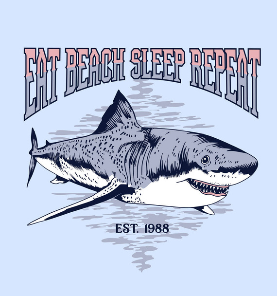 shark logo, vector illustration. eat, beach, sleep, repeat - Vettoriali, immagini