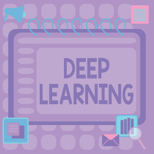 Text sign showing Deep Learning. Concept meaning Hierarchical Abstractions Artificial Intelligence Algorithm Blank Open Spiral Notebook With A Calculator And A Pen On Table. - Foto, afbeelding