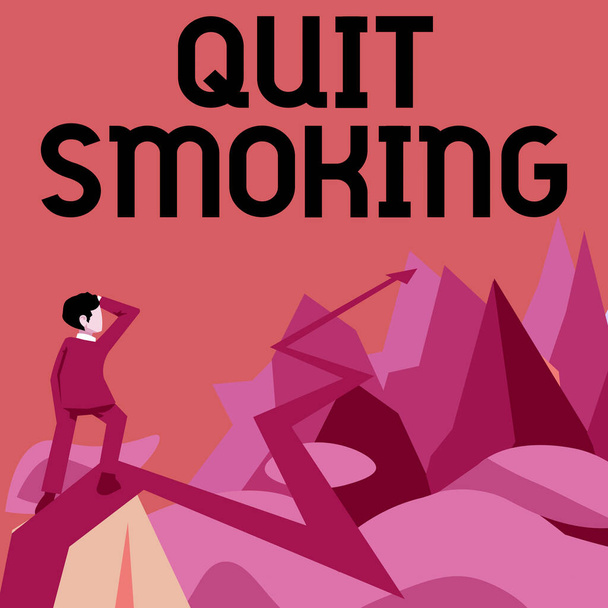Text showing inspiration Quit Smoking. Conceptual photo Discontinuing or stopping the use of tobacco addiction Man watching horizon arrow pointing symbolizing future project success. - Fotoğraf, Görsel