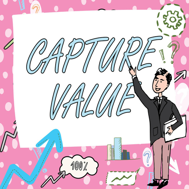 Ręczny napis "Capture Value". Słowo dla relacji z klientem Zadowolenie potrzeb Siła marki Retencja dżentelmena Rysunek stojący wskazujący palec w białej tablicy. - Zdjęcie, obraz