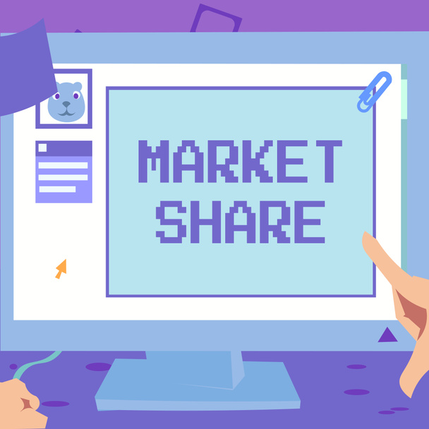 Text showing inspiration Market Share. Concept meaning The portion of a market controlled by a particular company Hand Touching Desktop Inside Web Browser Showing Recent Technology. - Foto, Imagen