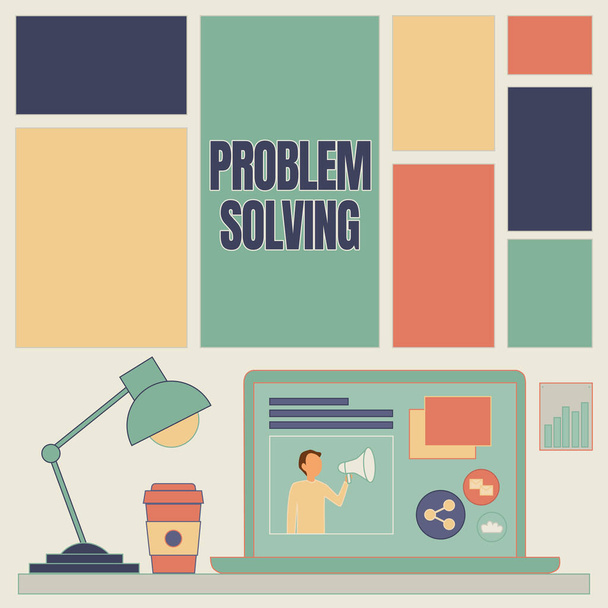 Inspiration showing sign Problem Solving. Business idea to find an answer or means of effectively dealing with Laptop On A Table Beside Coffee Mug And Desk Lamp Showing Work Process. - Foto, immagini