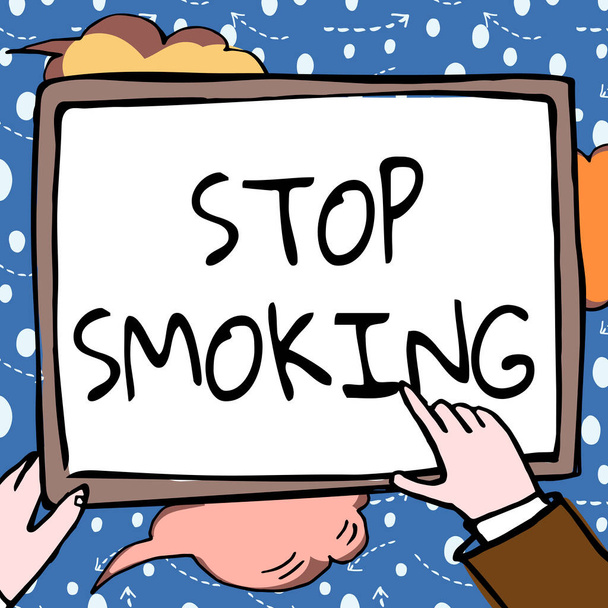 Writing displaying text Stop Smoking. Business idea Discontinuing or stopping the use of tobacco addiction Hands Holding Paper Showing New Ideas Surrounded With Stars. - Foto, Imagem