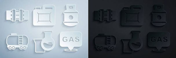 Set Oil petrol test tube, Propane gas tank, railway cistern, Location and station, Canister for motor oil and Metallic pipes valve icon. Vector - Vector, Image