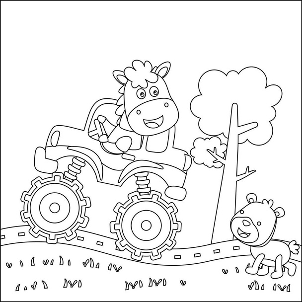 Vektor-Illustration eines Monstertrucks mit niedlichem Tierfahrer. Karikatur isolierte Vektorillustration, Kreativer Vektor Kindliches Design für Kinder Aktivität Malbuch oder Seite. - Vektor, Bild