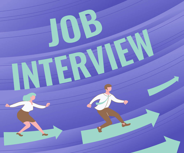 Inspiration showing sign Job Interview. Concept meaning Assessment Questions Answers Hiring Employment Panel Arrows Guiding Two Collaborating Colleagues Towards Better Financial Plan - Фото, изображение
