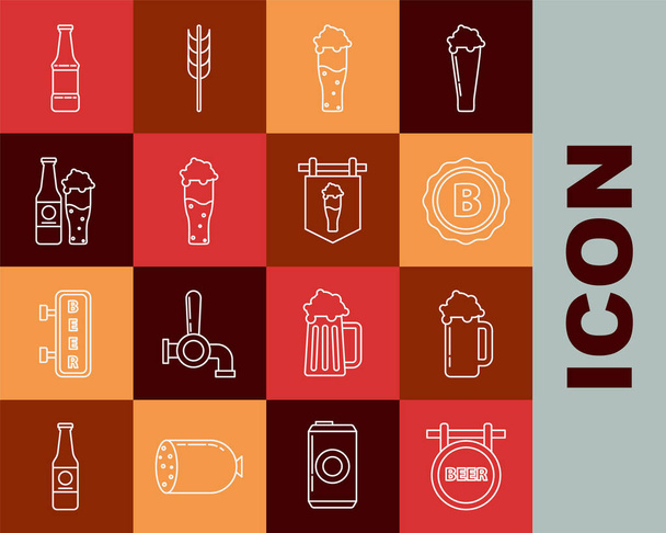 Set line Street signboard with inscription Beer, Glass of beer, Bottle cap, bottle and glass, and icon. Vector - ベクター画像