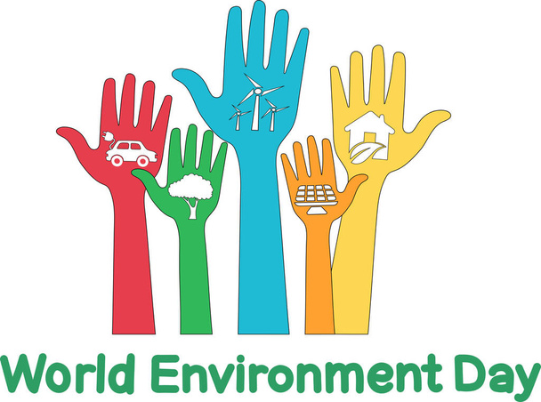 colorful hands with alternative energy illustration near world environment day lettering on white - Vector, Image