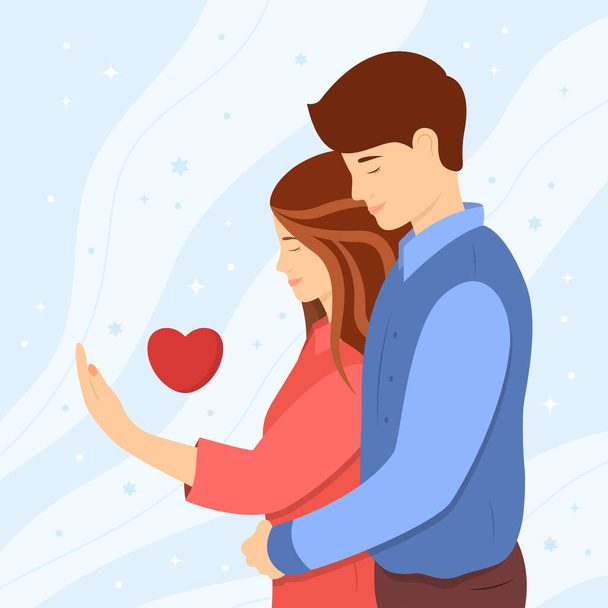 Cute hugs and support concept. A happy young couple. Man and woman standing, expressing care and love. Cute vector illustration in a flat style.  - Vector, afbeelding