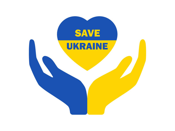 Flag of Ukraine in heart shape and praying hands icon Save Ukraine.Vector - Вектор, зображення