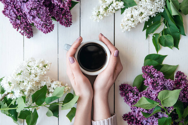 hands of a girl with a cup of coffee on a table with lilac flowers. background from a white board flat lay. suitable for the cafe of spring flowers of peac - Photo, Image