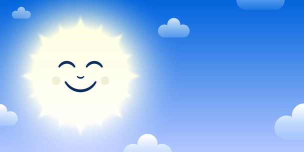 Personnage souriant de dessin animé au soleil sur fond de ciel bleu avec des nuages blancs. Bannière vectorielle soleil matin - Vecteur, image