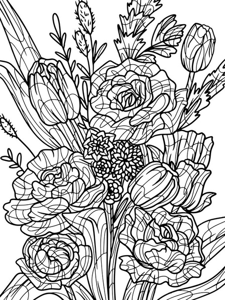 Bouquet of different flowers isolated. Coloring book antistress for children and adults. Illustration on white background. - Vektor, Bild