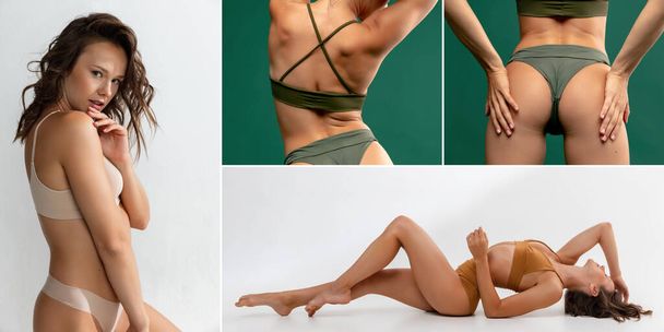Collage. Portraits of slim muscular young woman posing in underwear isolated over white and green studio background - Zdjęcie, obraz