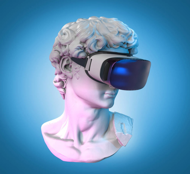 Девід Скульптурний Мікеланджело за допомогою окулярів віртуальної реальності, на синьому фоні. 3D візуалізація - Фото, зображення