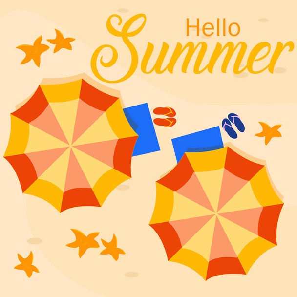 Hello summer, summer illustration with beach umbrellas and beach slippers on the sand, smiling starfish, inscription hello summer, top view of the beach - Vector, Image