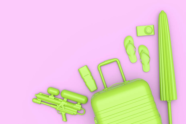 Colorful suitcase or baggage with beach accessories like flip flops, water gun, sunscreen and umbrella on monochrome pink background. 3D render of summer vacation concept and holidays - Photo, Image