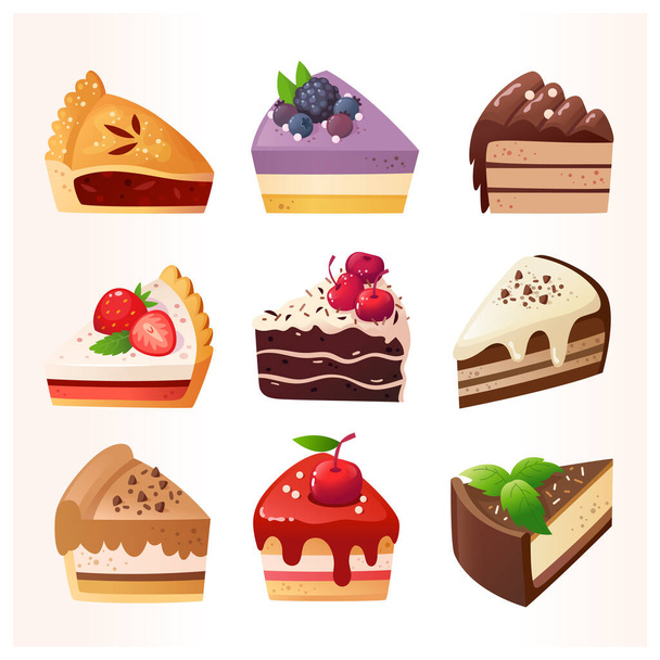 Bakery and pastry desserts with chocolate vanilla and strawberry flavours. Vector isolated delicious illustrations of cakes and pie decorated with fruit, chocolate glaze Cute icons for menu designs.  - ベクター画像