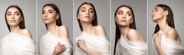 Set of portrait of beautiful young woman covered with transparent white cloth, posing isolated over grey studio background - Fotografie, Obrázek