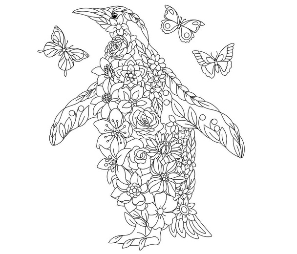 花の大人の着色本のページ。おとぎ話ペンギン。花、葉、蝶で構成されるエーテル動物 - ベクター画像