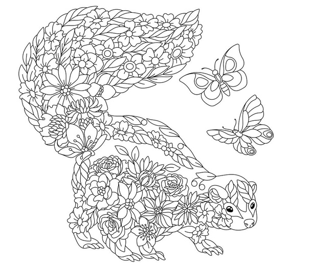 Floral adult coloring book page. Fairy tale skunk. Ethereal animal consisting of flowers, leaves and butterflies - Vektori, kuva